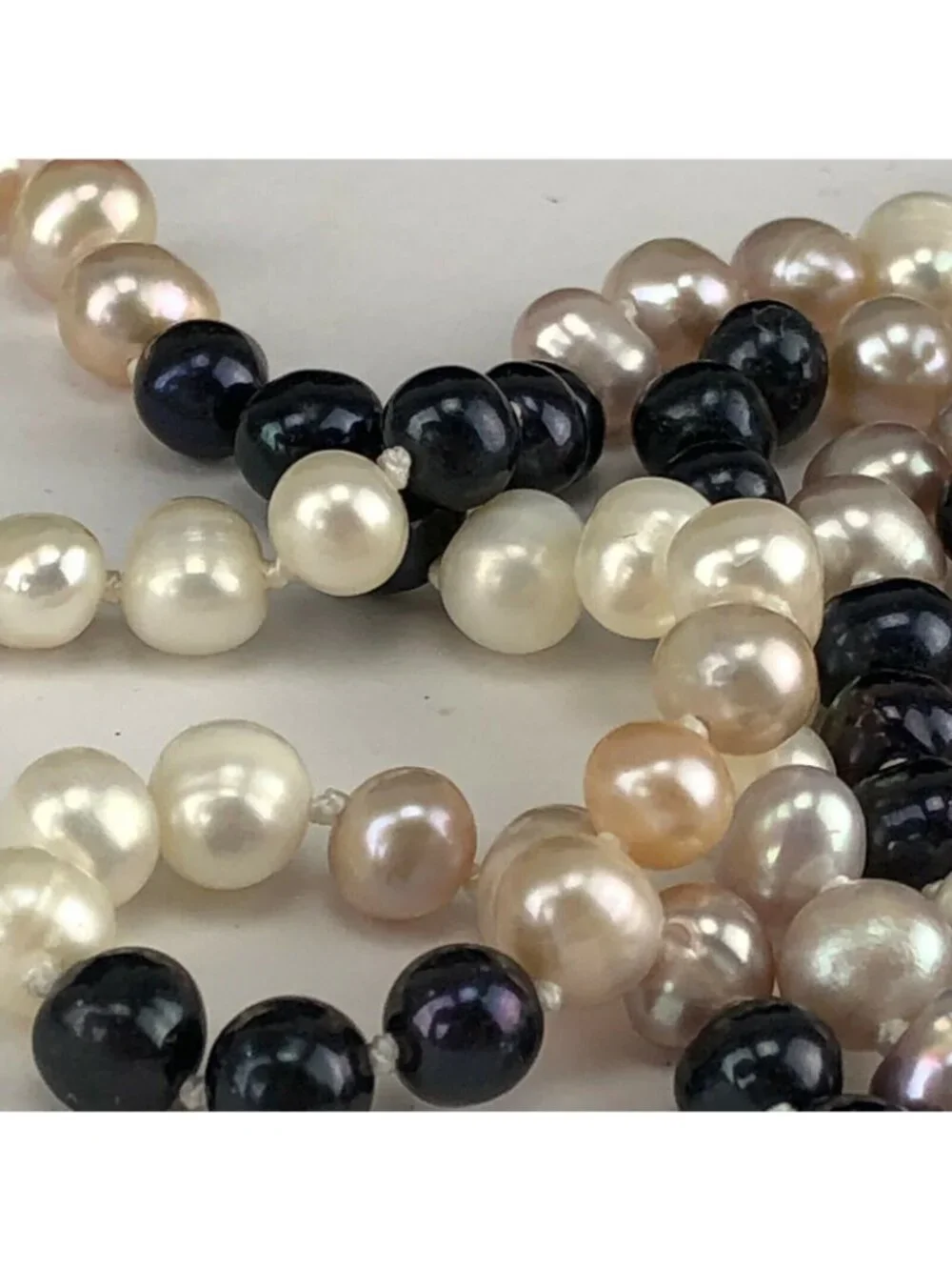 Tri-Color Extra Long 50" Pearl Necklace Pink White & Pewter - Picture 5 of 6